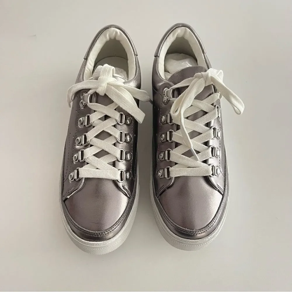 ALLSAINTS Womens Silver Metallic Quinn Round Toe Platform Leather Sneakers Shoes